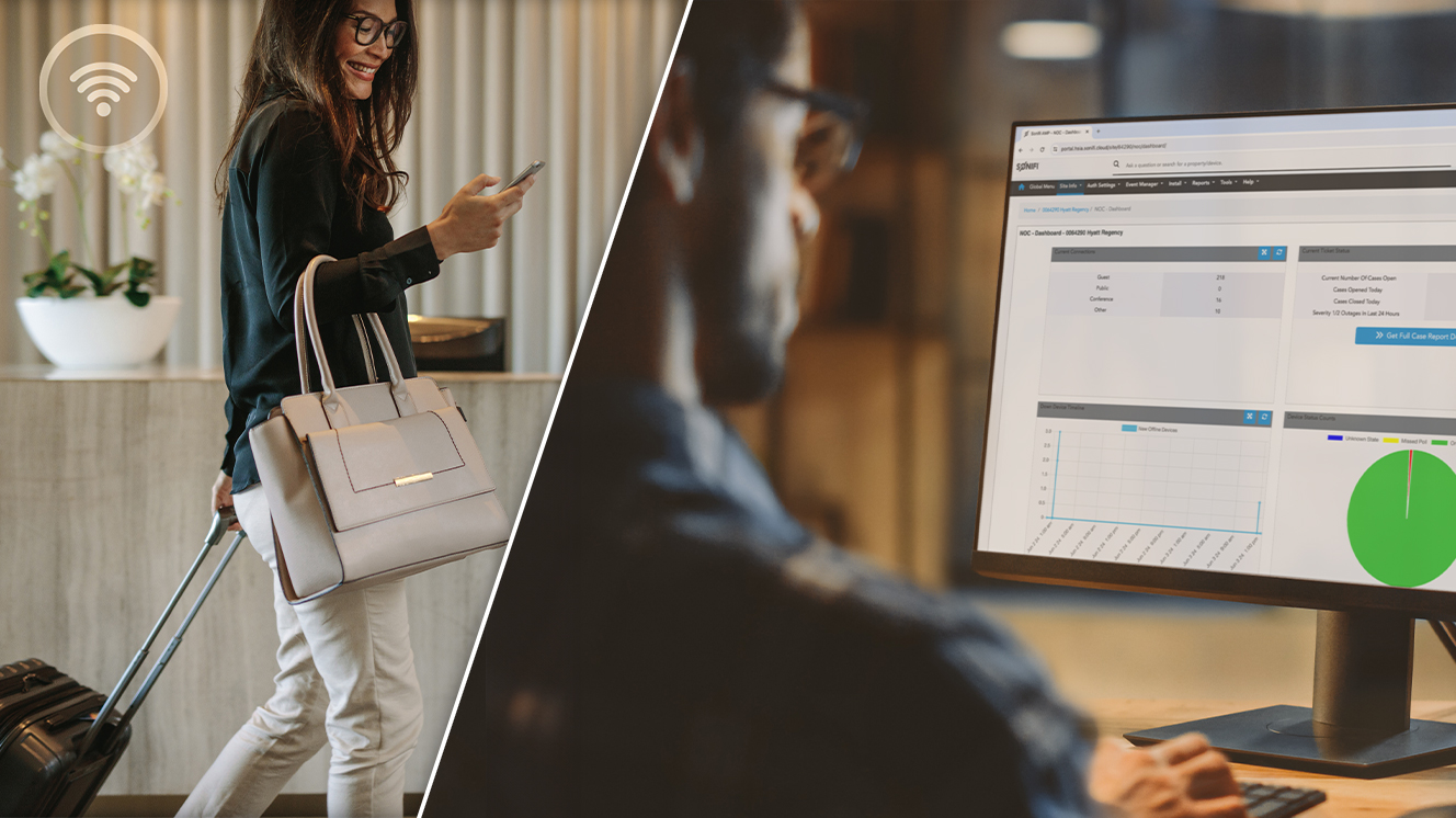 A split image shows a woman in a hotel lobby logging onto the Wi-Fi network on her phone, and a man consulting his computer monitor to see Wi-Fi network statistics from SONIFI.