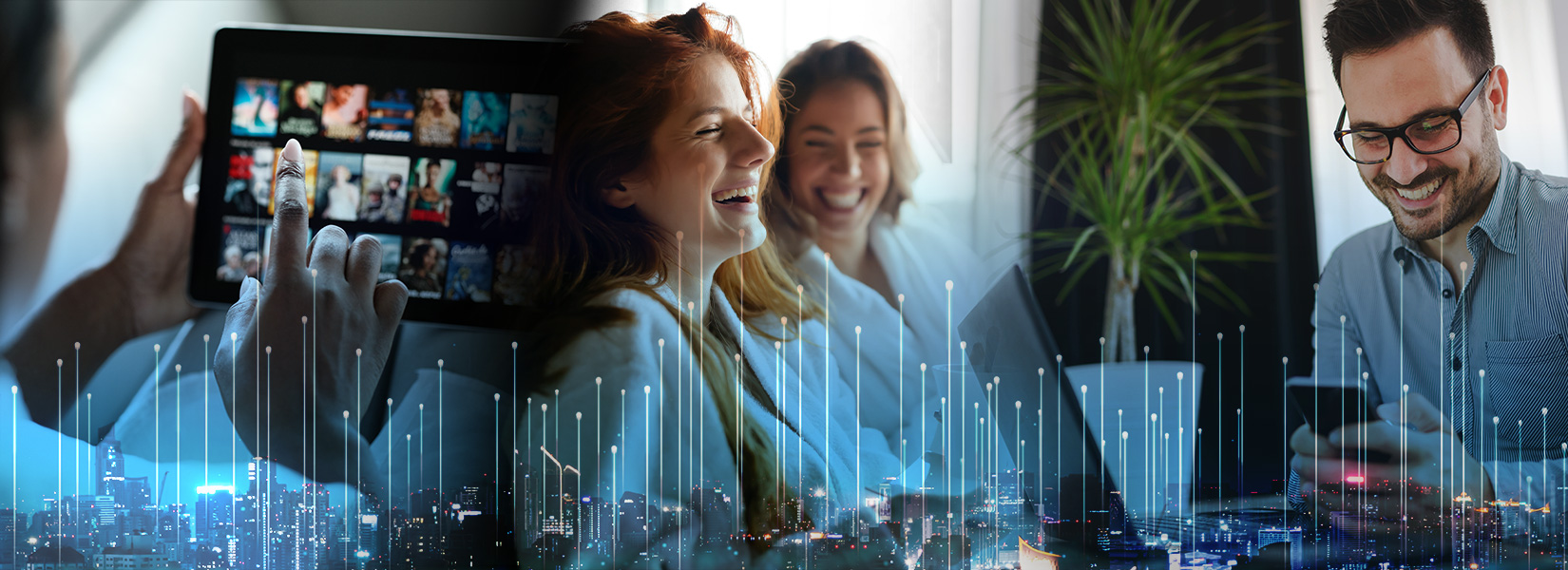 A compilation of people using SONIFI hospitality technology, with a blue graphic overlay