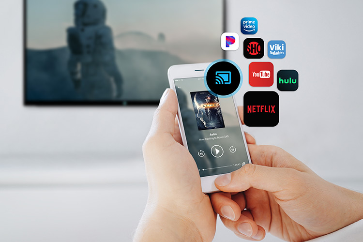 An illustrative image of a person casting streaming app content to their hotel room's TV using SONIFI's STAYCAST solution