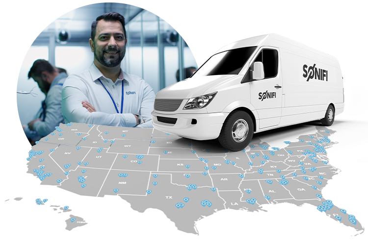 A compilation image showing a SONIFI field technician, a SONIFI service van, and a map of the United States with blue dots indicating where SONIFI field technicians are based