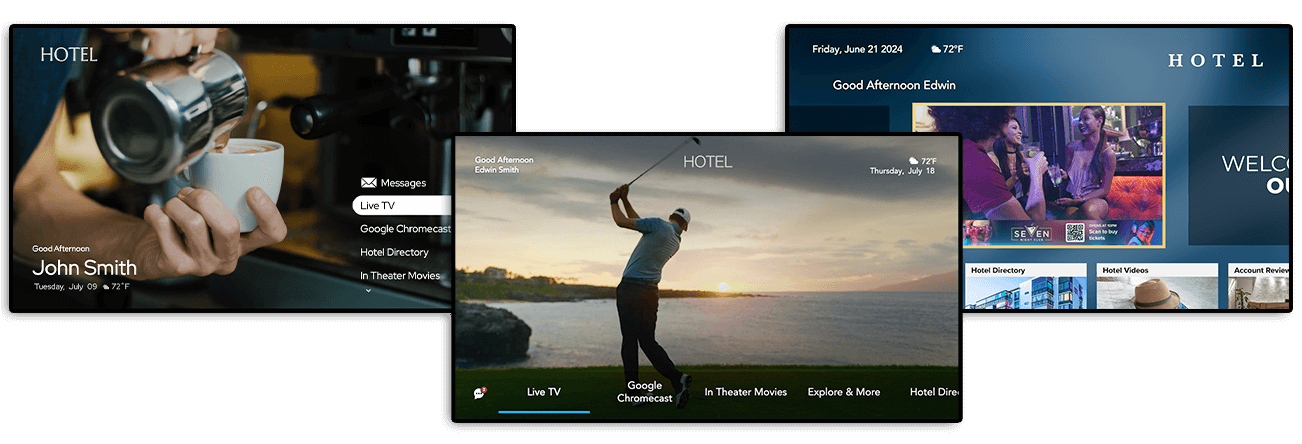 A compilation of three customized main menu ideas on SONIFI's interactive TV platform
