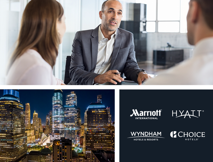 A compilation image of SONIFI staff talking to brand representatives, a city skyline at night, and brand logos of SONIFI's partnerships