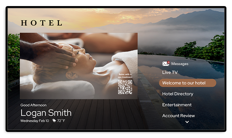 An interactive TV interface from SONIFI shows how hotels can use in-room TVs to generate revenue for their property